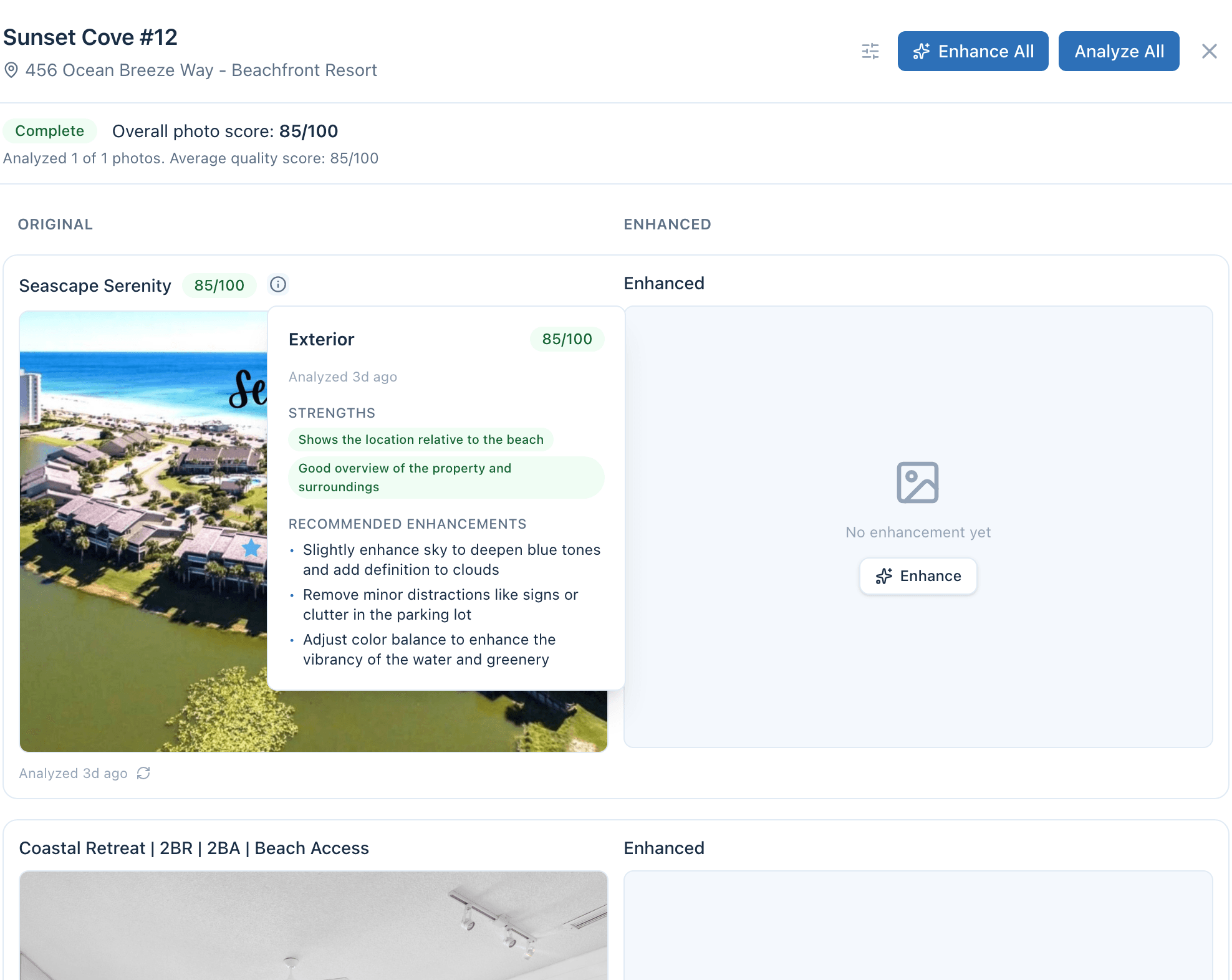 Screenshot of photo analysis scores and feedback